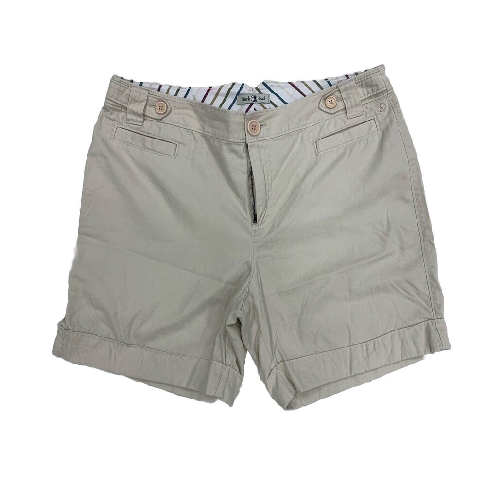 Duck Head High Rise Chino Cotton Shorts Women Size 14 Tan Khaki Faux Cuff Preppy